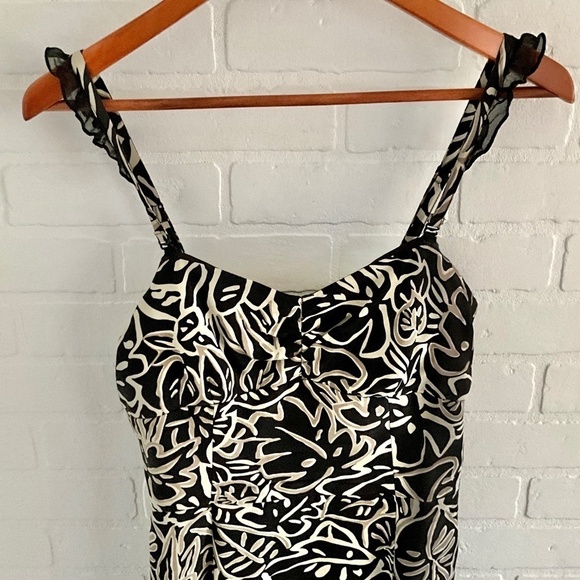 Vintage Y2K Babydoll Mini dress Black/tan/cream Floral print Empire waist 10 - Picture 6 of 8